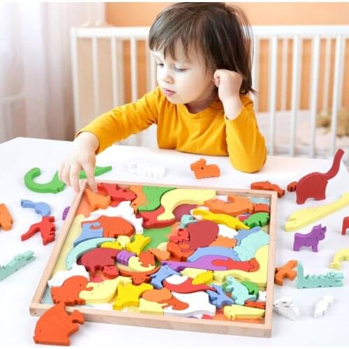 Baby 3D Wooden Animal Cartoon Puzzles Toys Set Toddler Kids Montessori Learning Stack Game Building Block Kit Gifts For Children