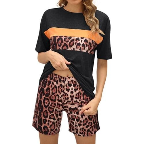 T-Shirts Women Outfit Leopard Print Color Block Short Sleeve T-shirt Shorts Two Piece Set Tracksuit for Summer Womens Clothing