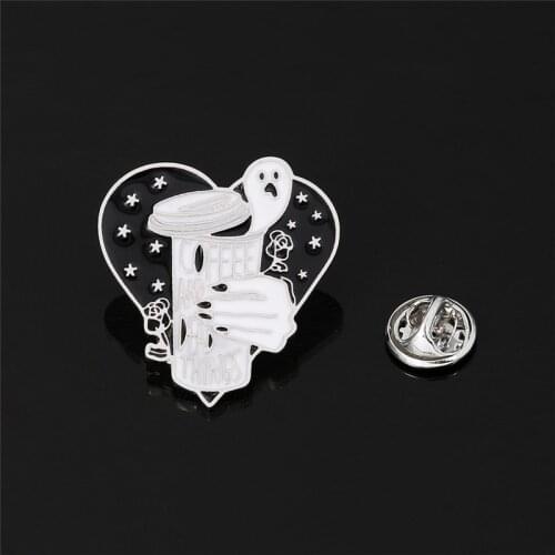 Coffee and Dead Things Heart Ghost Brooch Enamel Pin Horror Holding Death Gothic Badge Pin Black Rose Halloween Gift Jewellery