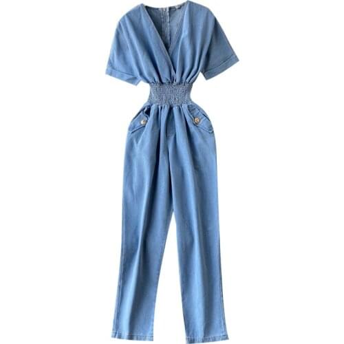 Summer Retro One-Piece Jeans V-neck Elastic Waist Slimming Fashion Bat Sleeve One-Piece Denim Trousers Women