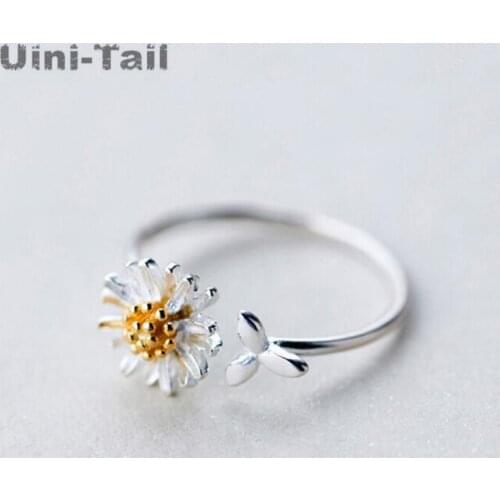 Uini-Tail hot new 925 sterling silver forest golden flower small daisy ring cute fashion dynamic small leaves open ring GN308
