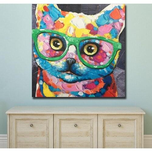 Fashion Pop Art Oil Painting Wall Art Picture Animal Cat With Glasses Printed Canvas Painting For Living Room Home Decor