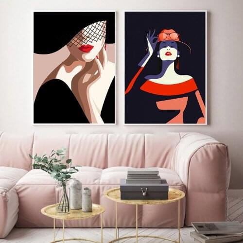 Fashion Woman with Big Hat Wall Art Canvas Painting Nordic Posters and Prints Wall Pictures for Living Room Decor