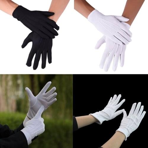 Men Spandex Thin Black White Parade Gloves Formal Tuxedo Costume Honor Guard Mittens with 3 Seams for Coin Jewelry Silver