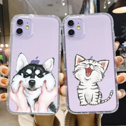 PUNQZY Funny cute cat dog Animal Phone Case For iPhone 11 pro max 12 PRO 6 6S 8 7 Plus X XR XS MAX TPU Transparent silicone Case