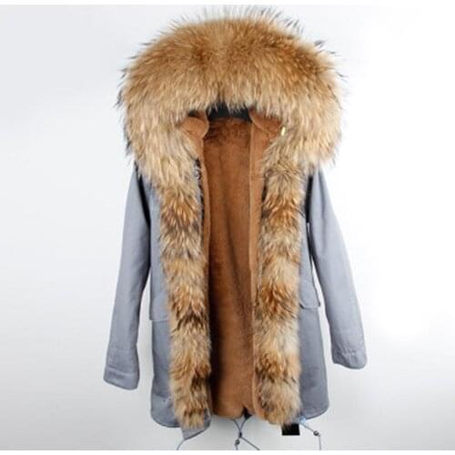 7XL Real Fur Coat Women 2021 Long Jacket Winter Plus Size Natural Raccoon Fur Collar Luxury Parka Detachable