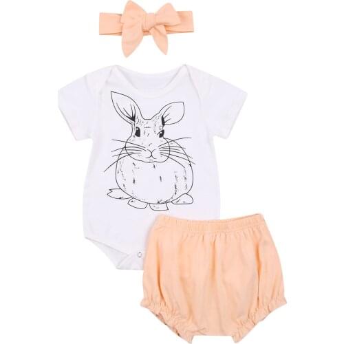 Baby Girls Easter Clothes Set Rabbit Print Short Sleeve Jumpsuit + Shorts with Ruffle + Bow-knot Headband