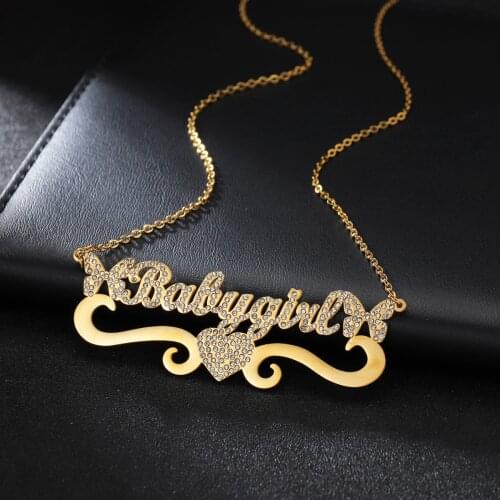 Acheerup Personalized Name Crystal Necklace for Women Gold Stainless Steel Butterfly Heart Pendant Letter Nameplate Jewelry Gift