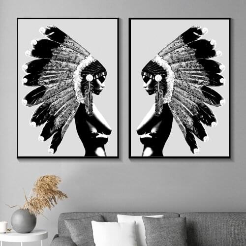 Sexy Indian Girl Black White Feather Poster Minimalist Native Painting Nordic Wall Art Canvas Print Picture Living Room Decor