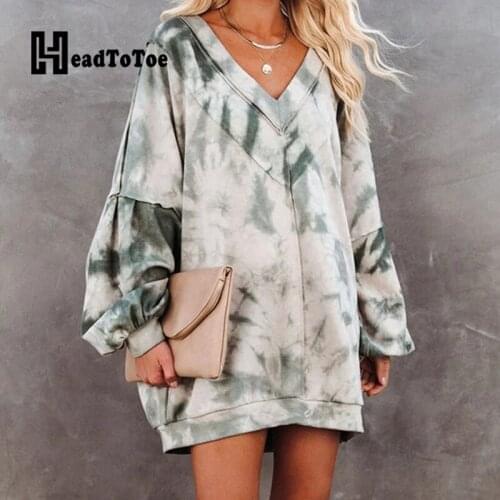 Tie Dye Print Lantern Sleeve V Neck Hoodies Women Long Sleeve Casual Loose Hoodies Tops