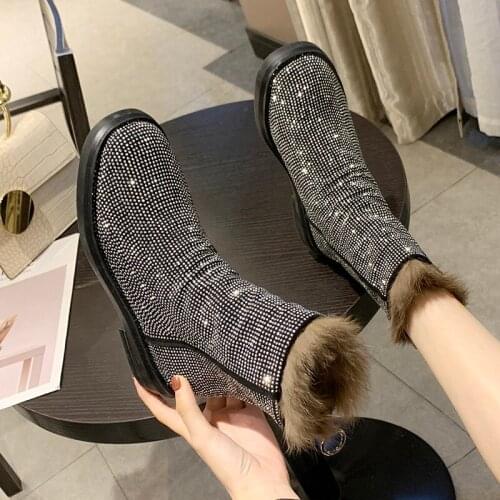 Rhinestone full drill hair shoes plus velvet snow boots short boots Martin boots motorcycle boots flat boots women