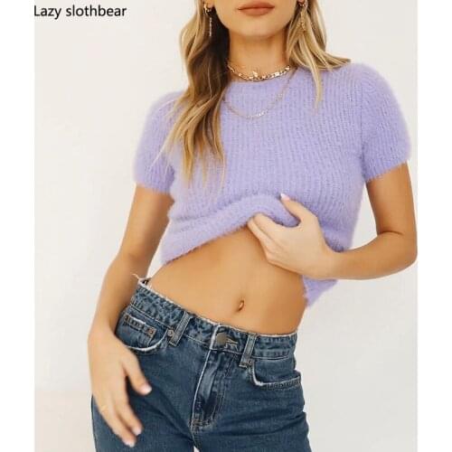 Spring and summer womens solid color slim sexy knit T-shirt short round neck top thick knitted pullover
