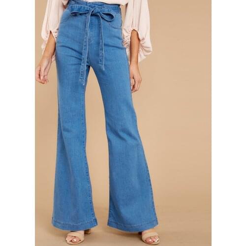 FNOCE 2020 autumn new womens jeans pants fashion casual solid high waist loose slim denim denim Flare trousers includes belt