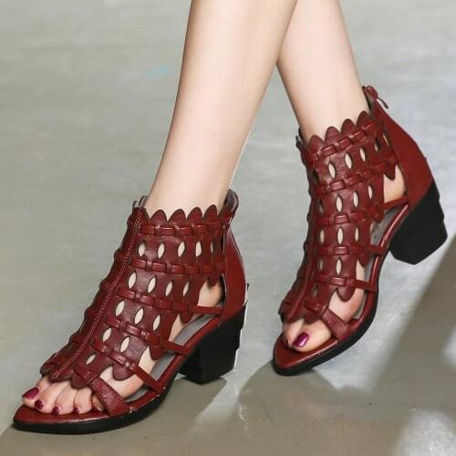 2020 European and American Style Retro Genuine Leather Chunky-Heel Womens Sandals Soft Gladiator Sandals Ladies Summer Shoes