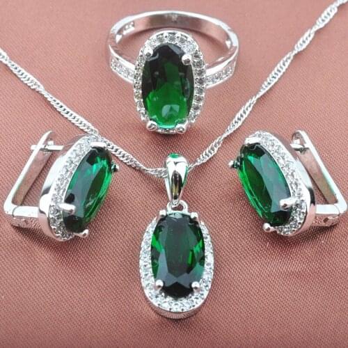 Gorgeous Green Stone Zirconia Wedding Womens Jewelry Sets Silver Color Ring Necklace And Earrings Set Tz0169