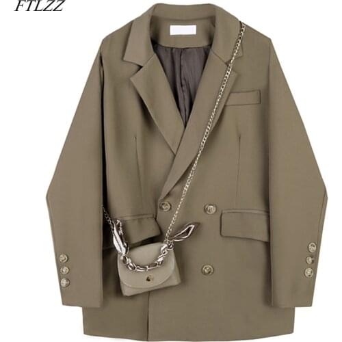 FTLZZ Spring New Arrival Office Ladies Vintage Brown Black Blazer Women Elegant Double Breasted Loose Solid Suit Jackets