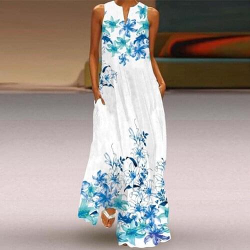 Lady Floral Printing Loose Comfortable to Wear Summer V-Neck Sleeveless Pocket Maxi Dress for Holiday