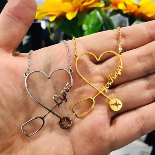 Stainless Steel Nurse Doctor Heartbeat Stethoscope Necklace Personalized Custom Name Plate Gold Plated Chain Jewelry Necklaces