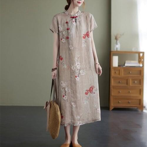 2021 New Arrival Fashion Chinese Style Dress cheongsam Robes Thin Soft Cotton Linen Print Floral Vintage Women Casual Midi Dress