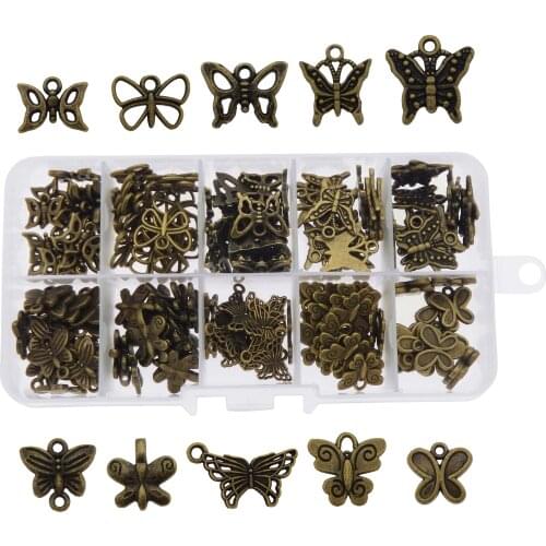 150pcs/box Mixed Vintage Butterfly Charms Pendant Necklace Jewelry Making Accessories Craft Free Plastic Box MIx Bohemia Gifts