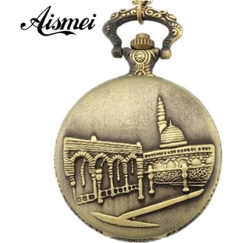 25pcs/lot Vintage Bronze Engraved Cannon Beautiful Building Full Hunter Pocket Watch with Chain wholesale send by EMS or DHL