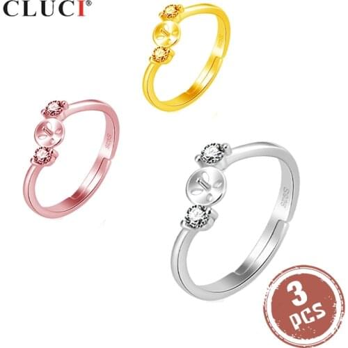 CLUCI 3pcs 925 Sterling Silver Women Adjustable Rings Jewelry Silver 925 Pearl Ring Mounting Rose Gold Zircon Rings SR2148SB
