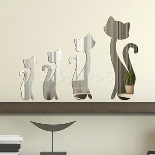 4 Pcs Cute Cats 3D Acrylic Mirror Wall Stickers Home Mural DIY Decal Art Decor