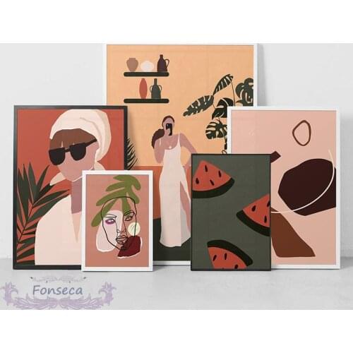 Abstract Plants Vintage Fashion Woman Poster Cartoon Watermelon Canvas Painting Modern Home Decoration Wall Art Picture