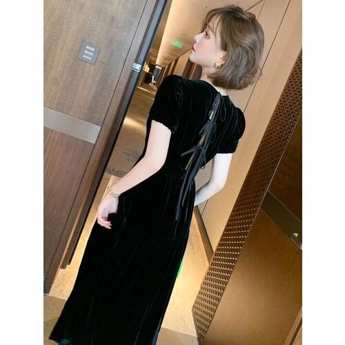 Careful Machine Back Lace-up Hollow High Waist Slim-Fit Large Skirt Velvet Dress Womens 2020 Early Autumn
