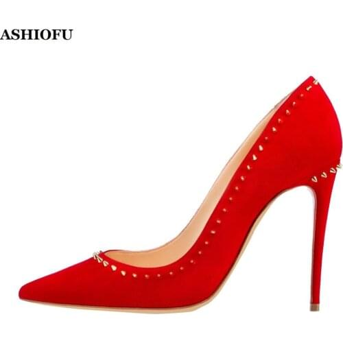 ASHIOFU New Arrival Handmade Ladies High Heel Pumps Rivets Spikes Party Office Dress Shoes Slip-on Evening Fashion Court Shoes