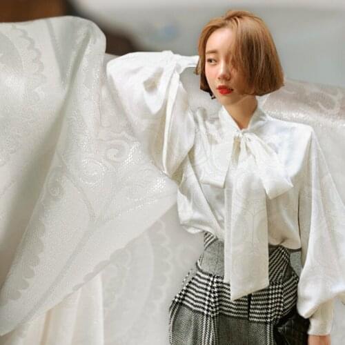 Retro style paisley pattern shiny metallic pure silk fabric, white color, sewing for blouse, skirt, dress, craft by the yard