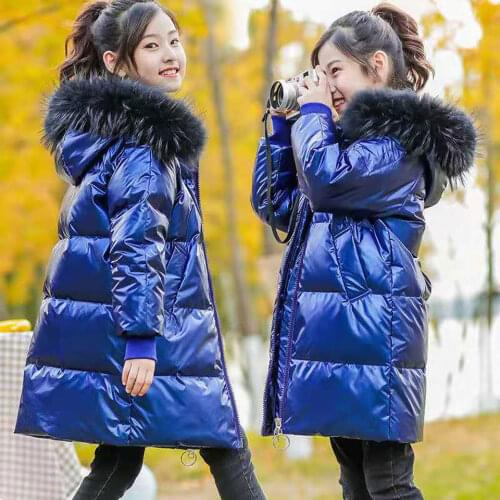 2020 Winter Fur Hooded Children Down Jackets For Girls Pure Color Warm Kids Down Coats For Boys 6-14Years Kids Long Outerwear