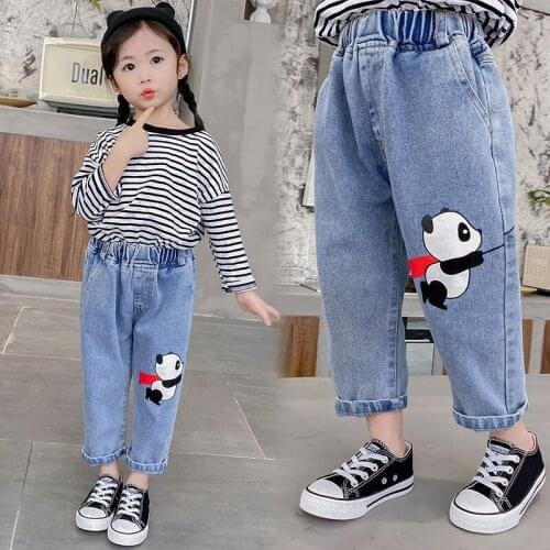 Toddler Girl Jeans 2021 Spring New Girls Kids Casual Loose Denim Trousers Korean Cartoon Panda Jeans Pants for Girl Baby Clothes