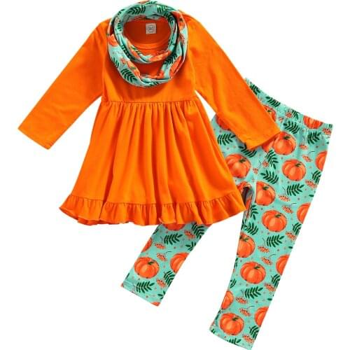 FOCUSNORM Halloween Girl’s Clothes Sets 3pcs Long Sleeve Tops and Pumpkin Pants with Scarf Outfits 1-6Y