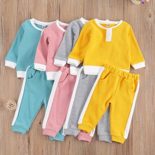 Newnorn Kid Baby Girl Boy Clothes Solid Color Stitching Round Neck T-shirt and Elastic Long Pants 2PCS Casual Outfits