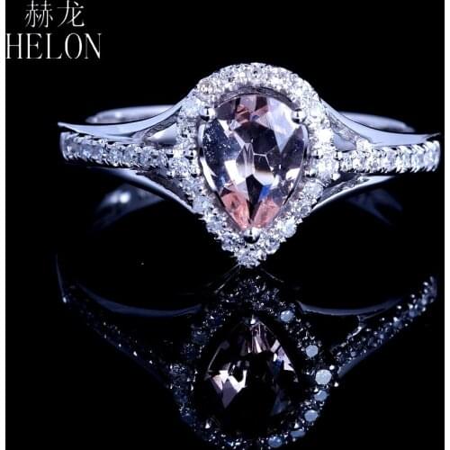 HELON Solid 14K White Gold Flawless Pear 5X7mm Natural Morganite 0.2ct Diamond Engagement Ring Wedding Ring Women Fine Jewelry