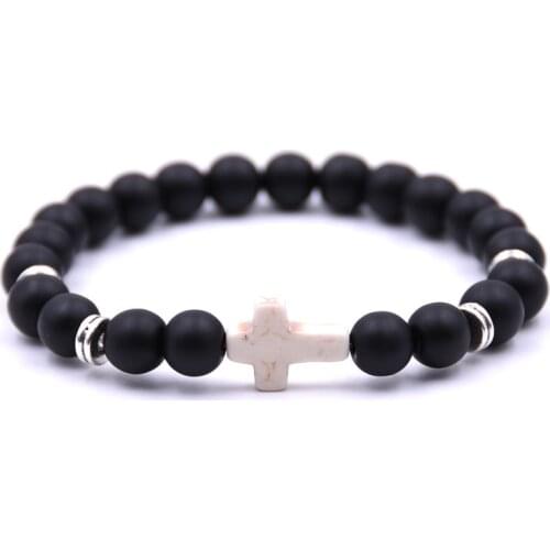 HYHONEY Couple Jewelry Elasticity White Cross Bracelets for women 8mm stone Beads Bracelet men Fashion Jewelry pulseiras