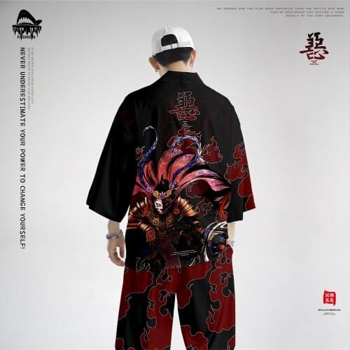 Good And Evil Goku Splicing Printed Japanese Style Kimono Haori And Pants Men Traditional Harajuku Streetwear Cardigan Yukata