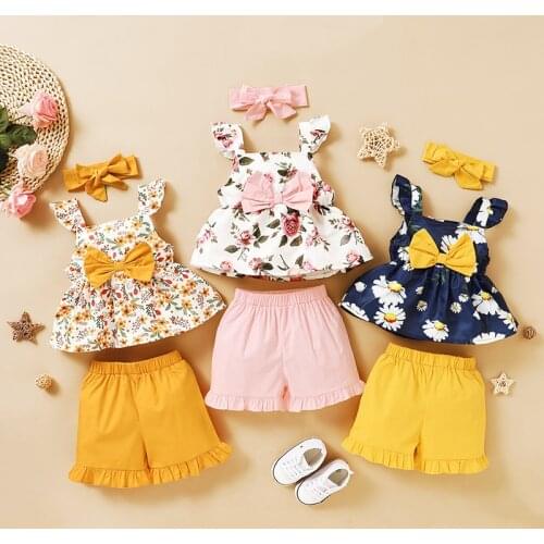 Menoea 2020 Baby Summer Sleeveless Clothes Sets Toddler Kids Baby Girls Floral T-Shirts Shorts Pants Outfits Clothes 0-3 Years