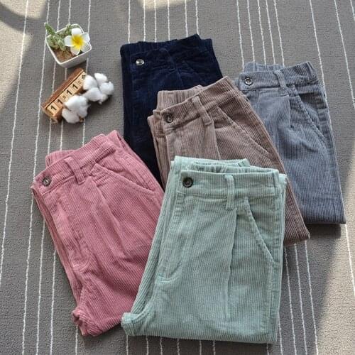 Fashion Woman Corduroy pants Elastic waist harem pants Korean casual loose velvet pants literary students corduroy beam trousers