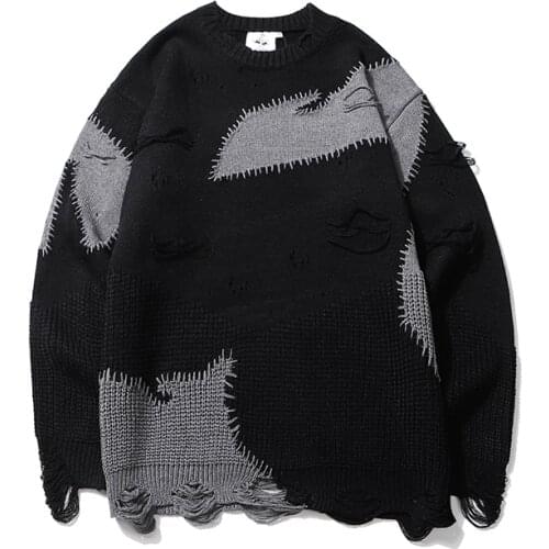 Harajuku Color Block Hole Frayed Mens Sweater O Neck Oversize Wool Streetwear Sweaters Pullover Baggy Hip Hop Couple Clothing