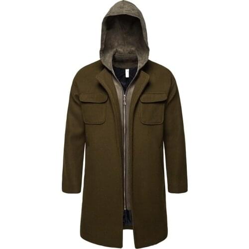 2019 New Casual Woolen Coat Men Warm Autumn Winter Hooded Jacket Army Green Windbreaker Fashion Zipper Wool Overcoat-B