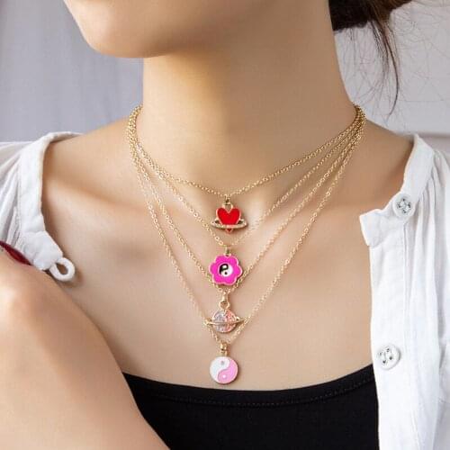 4pcs/set Simple Red Heart-shaped Pendant Necklace Fashion Women Wedding Yin Yang Gold Chain Jewelry Romantic Valentine Gifts