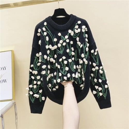 Three-dimensional Flower Embroidery Stitched Pullover Womens 2020 Autumn Winter New Loose Outer Sweater Girls Warm Sweaters
