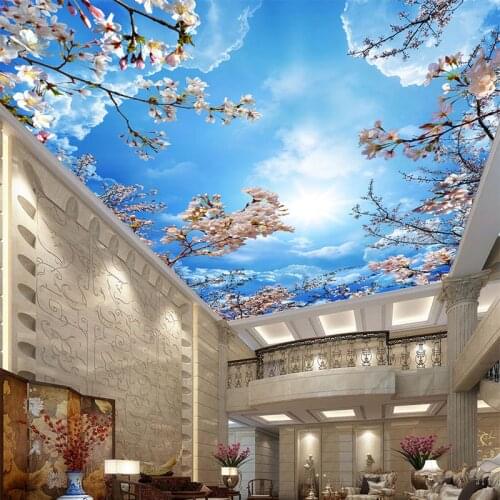 Romantic Blue Sky White Clouds Cherry Blossoms Photo Wallpaper 3D Ceiling Mural Living Room Theme Hotel Pastoral Decor Wallpaper