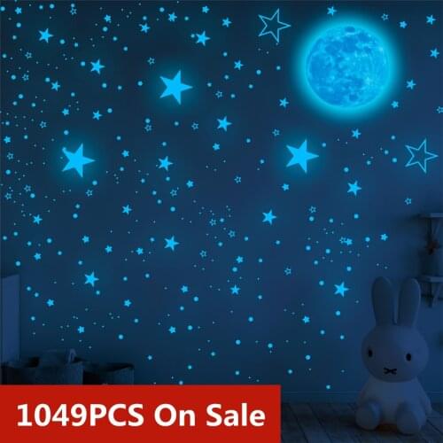 30&20cm 1049pcs Moon&Stars Dots Green&Blue&Pink Luminous Wall Sticker Children Room Ceiling Wallpaper Fluorescent Mural Decals