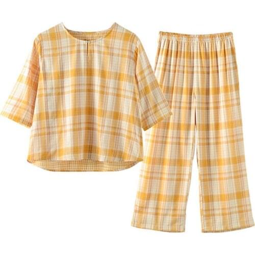 Spring Autumn Sleepwear Set New Cotton Gauze Women Pajamas Three-Quarter Sleeve Plaid Suit Casual Comfortable Home Wear Clothes