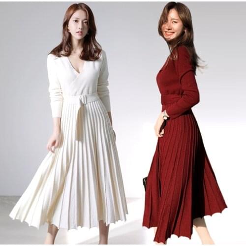 2021 Autumn Winter Elegant V-Neck Thick Warm Women Knitted Pleated Dress Long Sleeve Ladies Sweater Dress With Belt