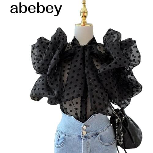 Dot Print White Casual Shirts For Women Stand Collar Short Sleeve Lace Up Bowknot Loose Blouses Female 2021 Fashion Clothing