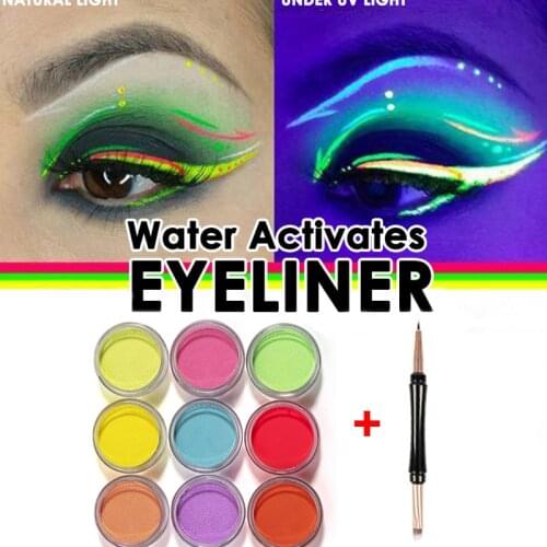 Colors Water Activated Eyeliner With Eyeliner Makeup Brush UV Light Neon Pastels Eyeliner Glow in Dark Eyes Liner Makeup Kit